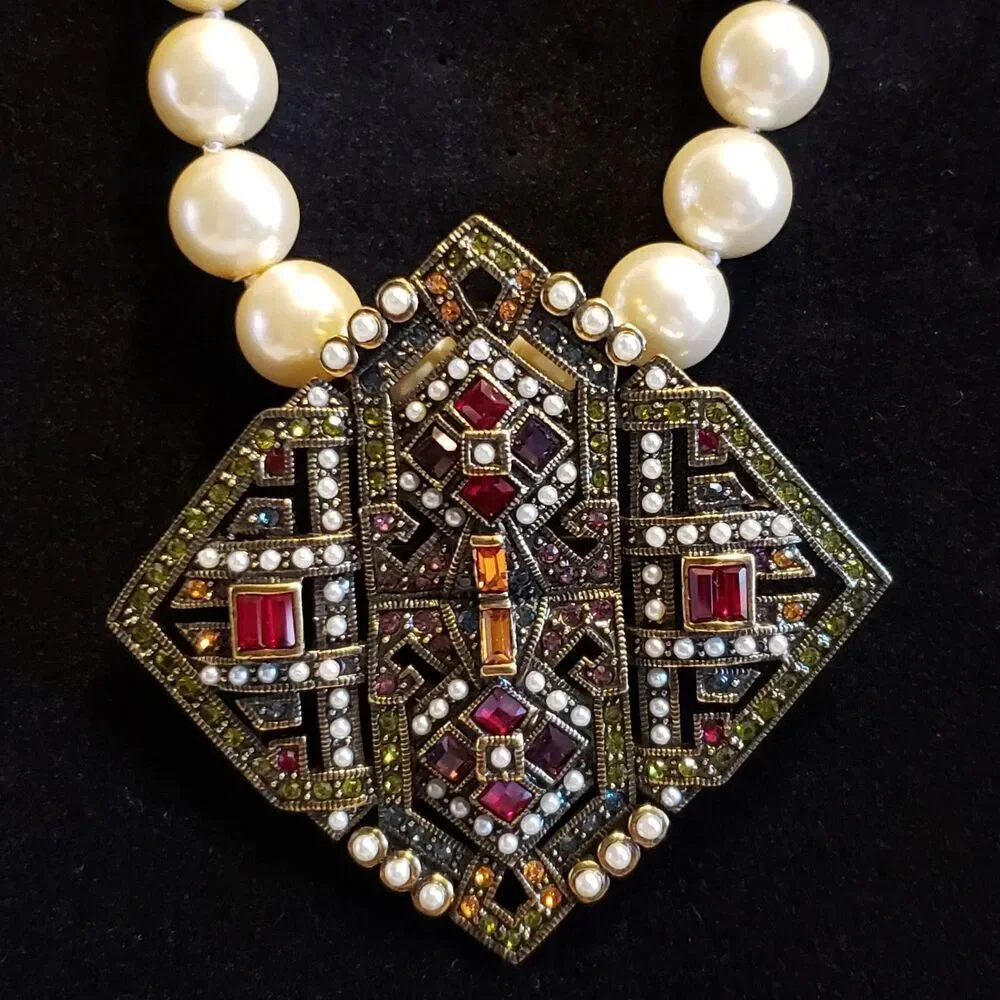 RETIRED “HEIDI DAUS” Multi Stone Brooch Pin/Pearl Enhancer Necklace